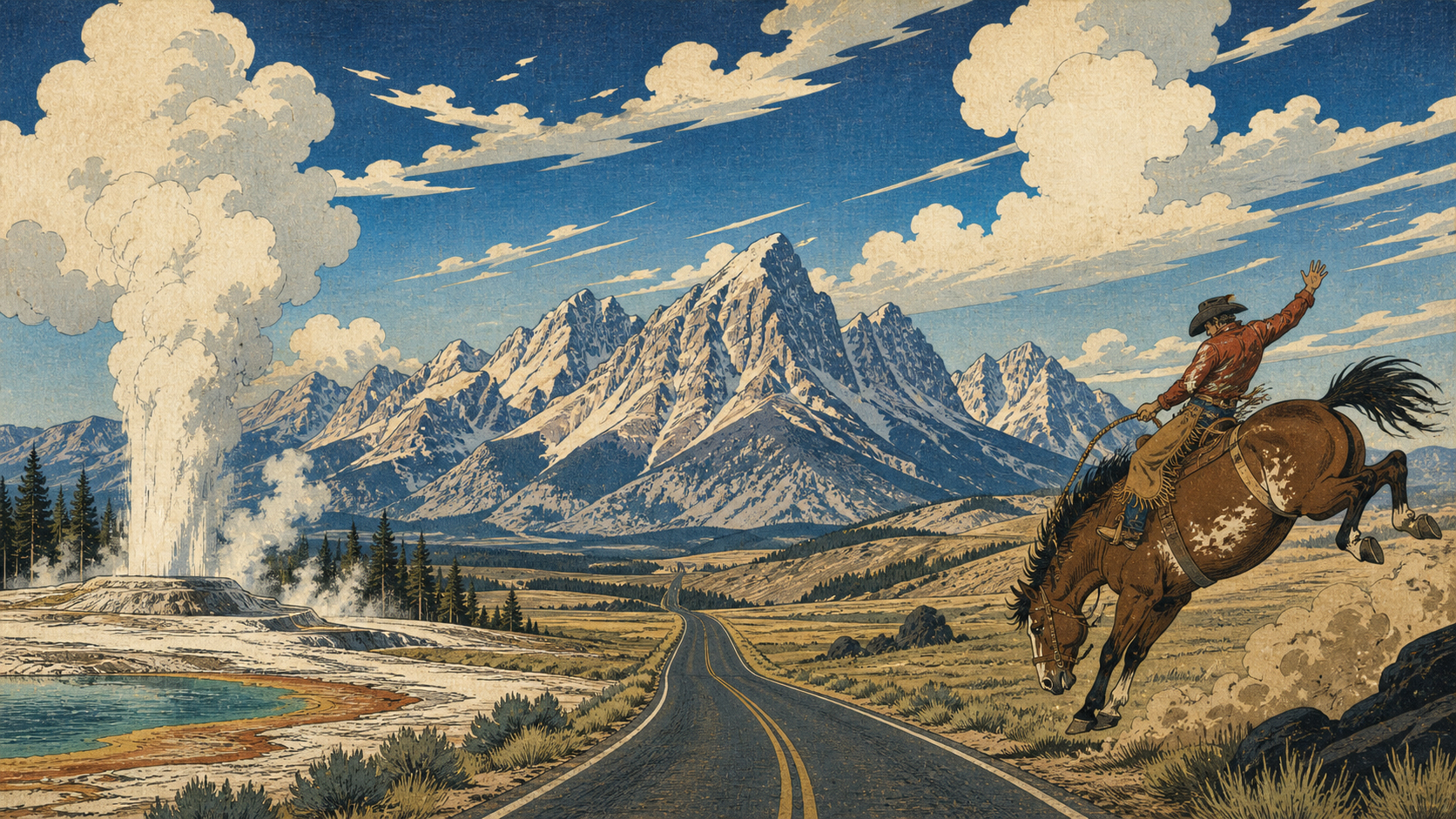 ワイオミングの山、道、湯けむり、ロデオ、広い空を描いた木版画風の特集イメージ