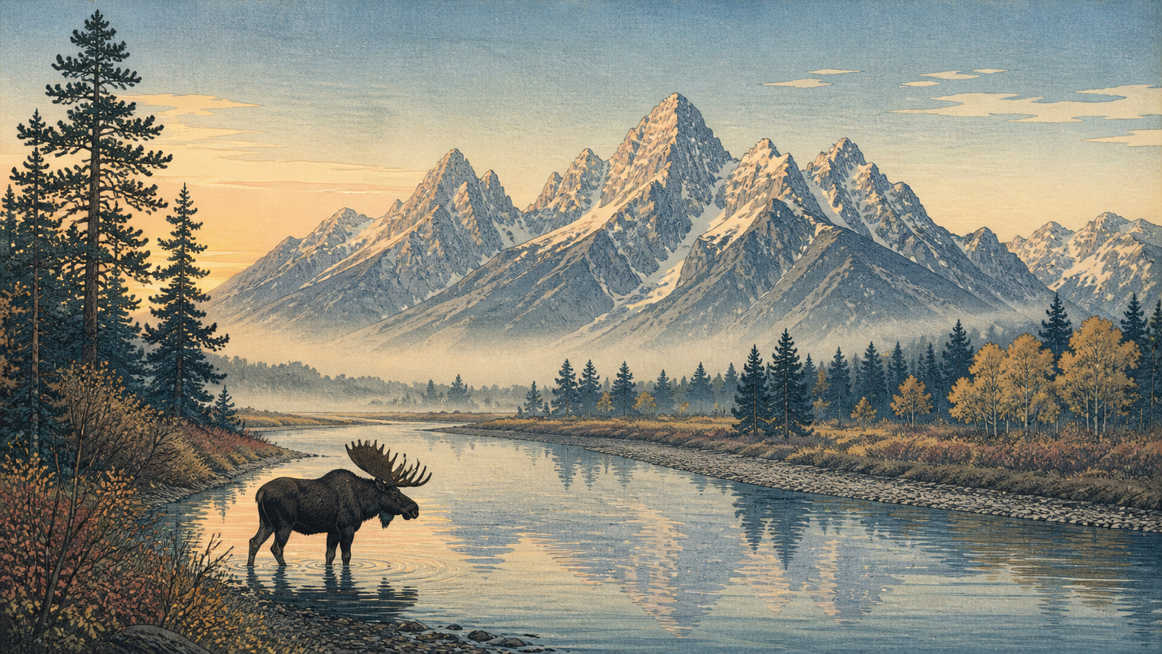 スネークリバー、グランドティトン、朝の山影、ムースを描いた風景