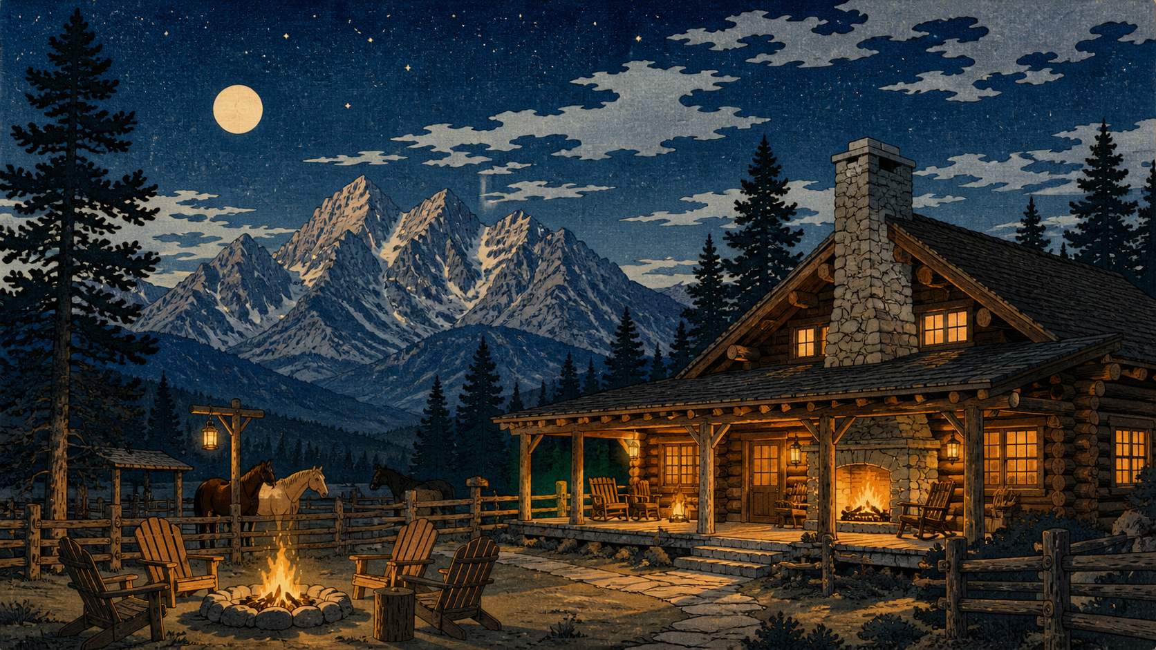 山の夜、暖炉、デュードランチの小屋を描いた宿のイメージ